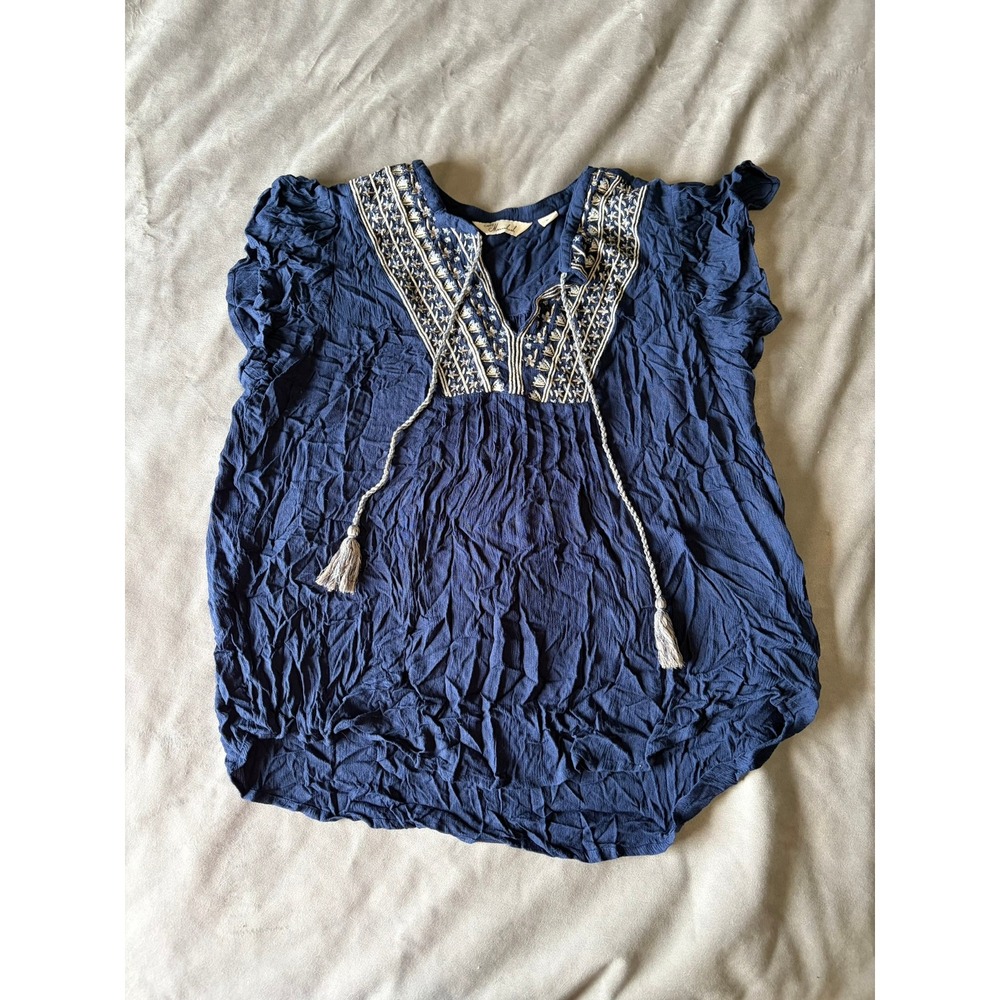 Caffe Marrakesh Navy Blue Crinkle Gauze Embroidered Boho Blouse XL Tassel Tie